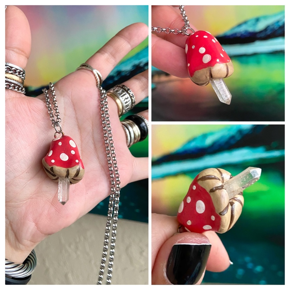 🔴clay & crystal quartz mushroom steel necklace - Picture 4 of 13
